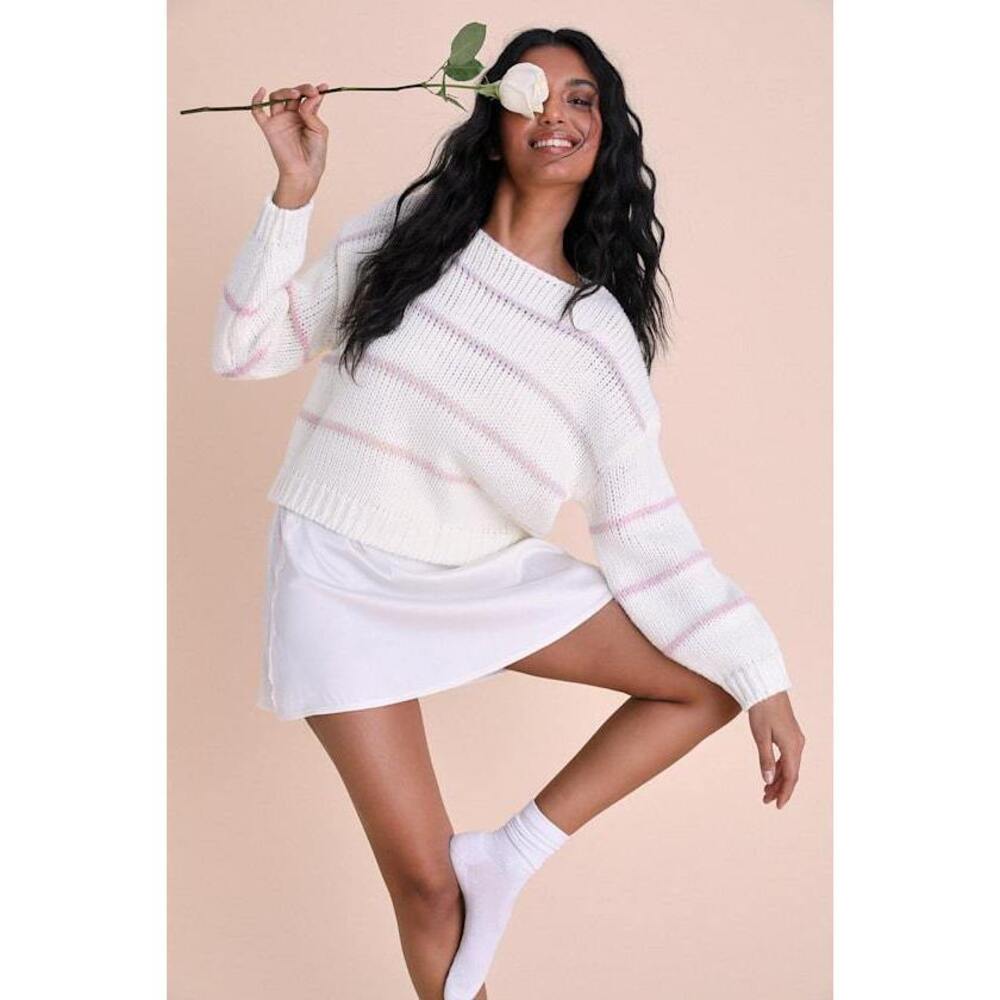 Lulus Cute For Days White Multi Striped Pullover Sweater - Size XS